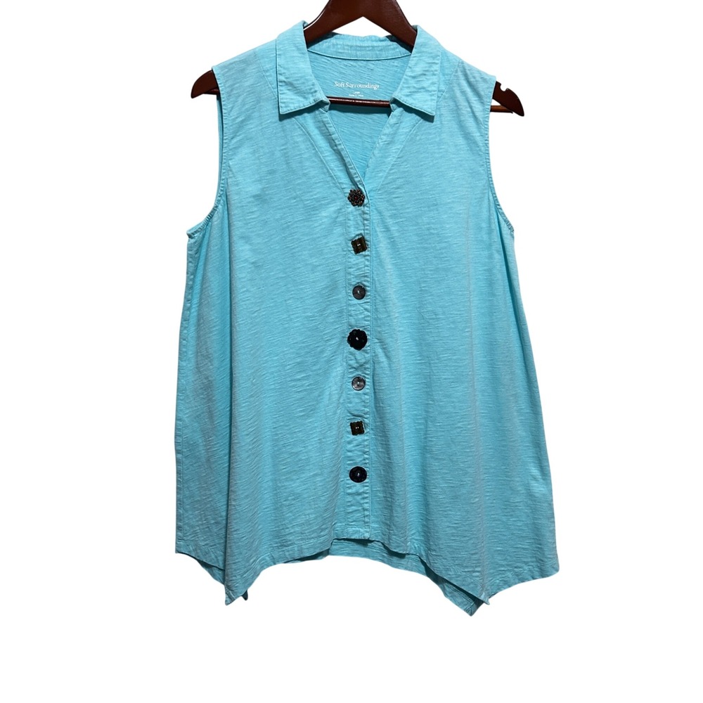 Soft Surroundings Womens Tunic Top L Turquoise  Sharkbite Mixed Button Lagenlook